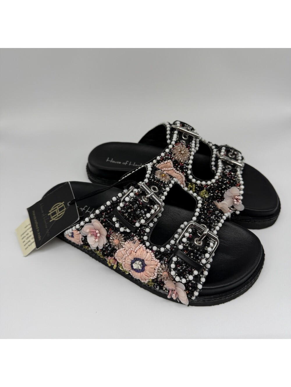 House of Harlow 1960 Beaded Sandals Boho Summer Vacation Floral Slides Sz 6 NWT